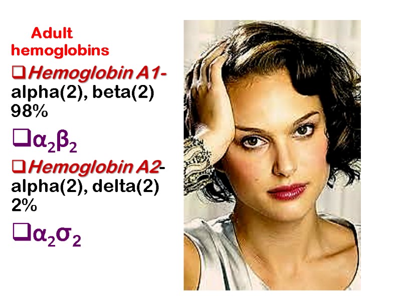 Adult hemoglobins Hemoglobin A1- alpha(2), beta(2) 98%  α2β2 Hemoglobin A2- alpha(2), delta(2) 2%